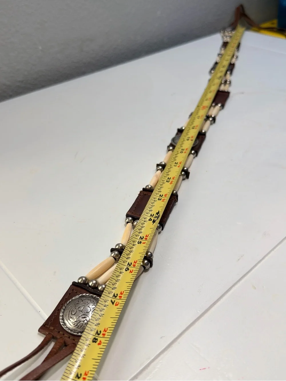 Vintage Western Leather Concho Tie Belt Bone Beads Southwestern Handmade